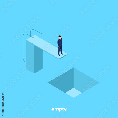 a man in a business suit is standing on a tower for jumping into the water and below him is an empty pool, isometric image