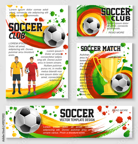 Soccer sport club banner of football trophy, ball