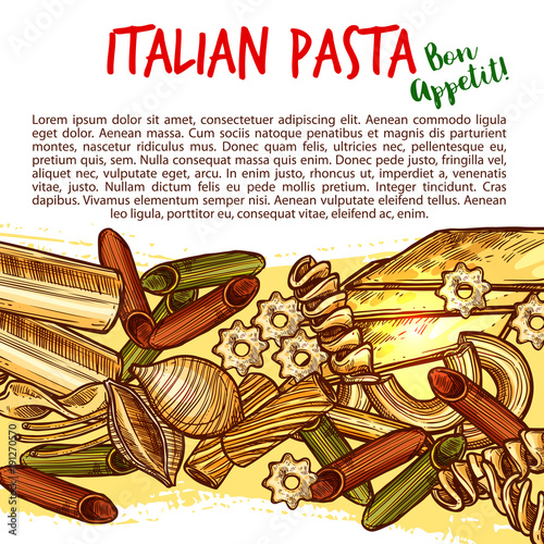 Italian pasta shapes poster with spaghetti sketch