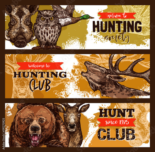 Hunting sport, hunter club banner with wild animal