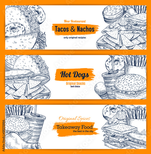 Fast food restaurant menu banner with lunch sketch