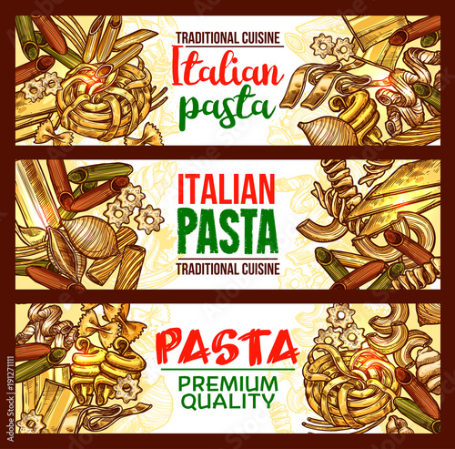 Pasta sketch banner of italian spaghetti, macaroni
