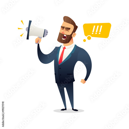 Successful beard businessman character shouting through loud speaker. Leadership speech. Business concept illustration.