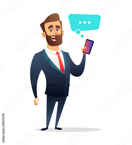 Successful bearded businessman holding a phone. Call with your smartphone. Illustration of business concept