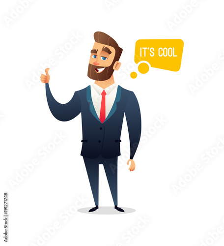 Successful bearded businessman character gives a thumbs-up. Illustration of business concept