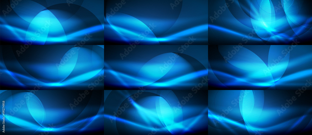 Set of vector neon flowing wave abstract backgrounds