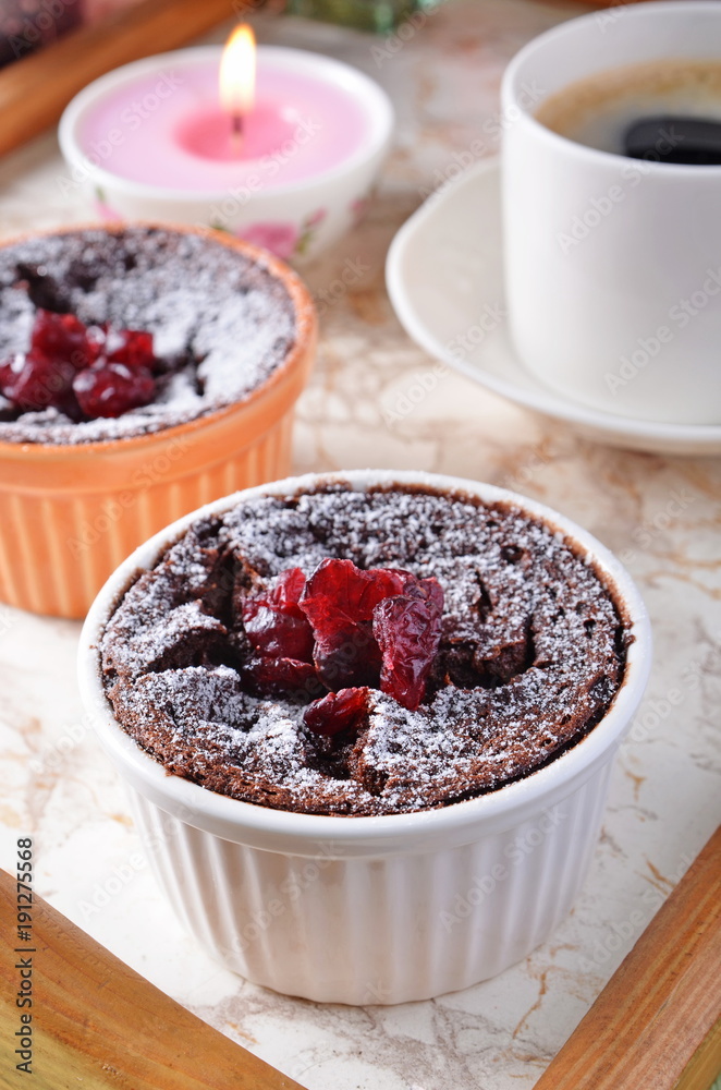 Chocolate souffle on restaurant table Chocolate souffle on restaurant table