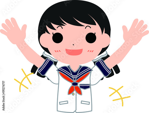 お下げ髪・セーラー服の女子生徒　喜ぶ