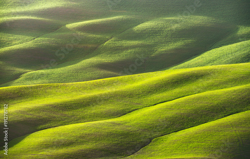 Abstract spring landscape, field and tracks texture. Tuscany, Italy