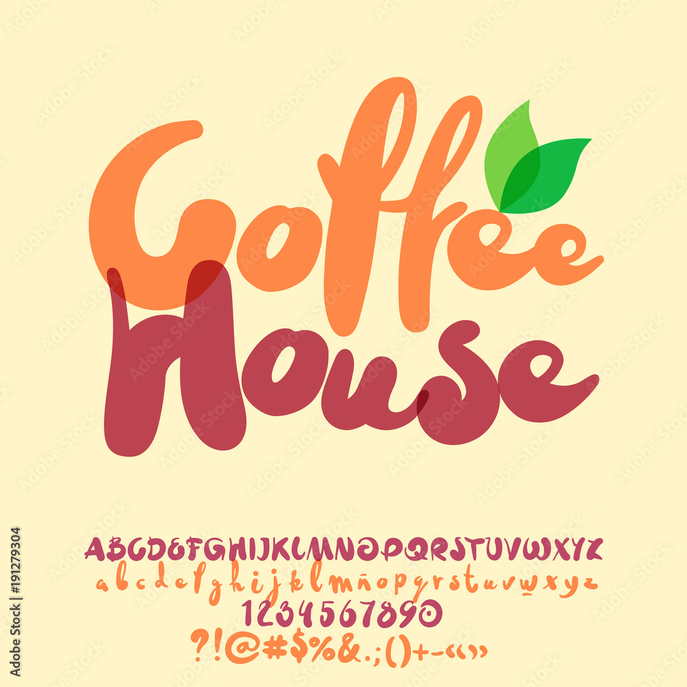 Vector handwritten Alphabet with cute Coffee House Logo. Set of bright Letters, Numbers and Punctuation Symbols Vector handwritten Alphabet with cute Coffee House Logo. Set of bright Letters, Numbers and Punctuation Symbols