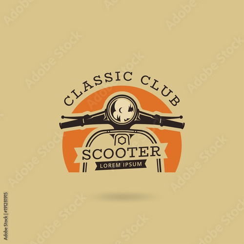 Classic scooter emblem. Vector illustration of vintage scooter. Transportation logo