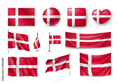 Set Denmark flags, banners, banners, symbols, flat icon. Vector illustration of collection of national symbols on various objects and state signs