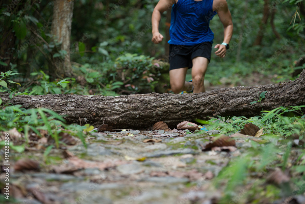 Athletic runner jumping cross tree trunk on tropical forest trail Athletic runner jumping cross tree trunk on tropical forest trail
