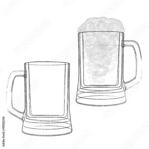Full beer mug with foam and empty beer mug with handle. Grunge ghaphic vector illustration, outline drawing