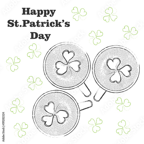Happy Saint Patrick's Day card with beer mug and clover leaflets. Ghaphic vector illustration