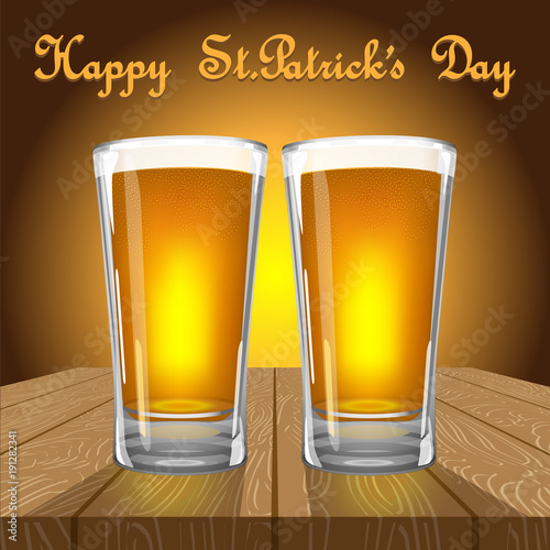 Two beer mug with foam on wooden surface. Vector illustration made with mesh and gradients.
