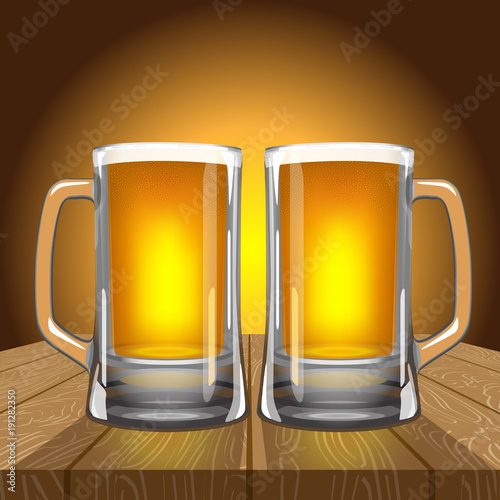 Two beer mug with foam on wooden surface. Vector illustration made with mesh and gradients.