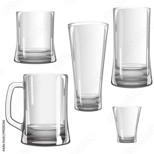 Several empty beer mugs. Clean shiny glass. Vector illustration isolated on white background