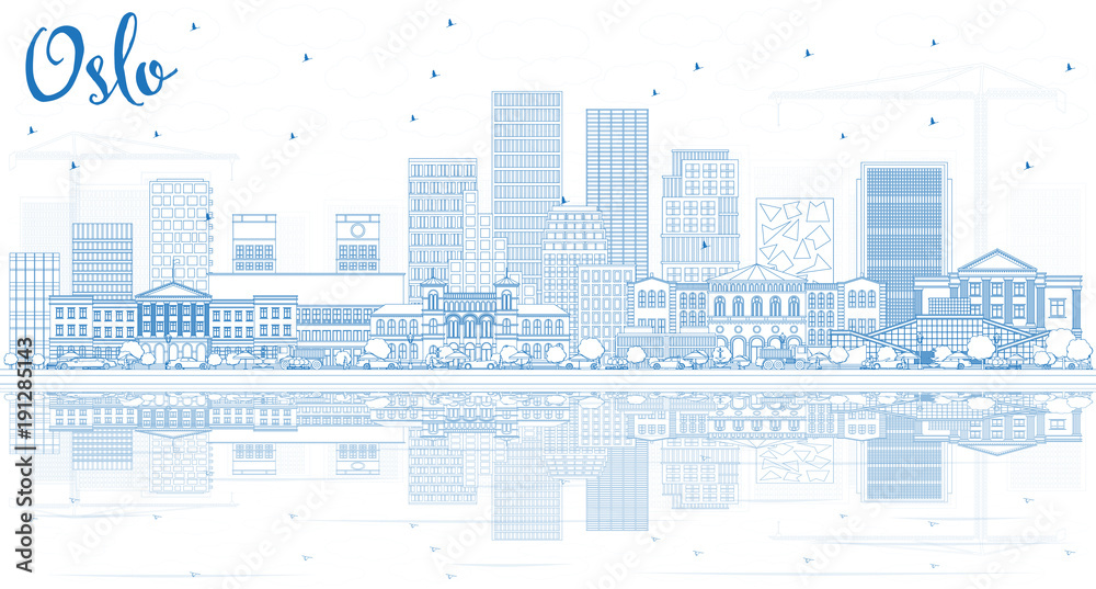 Outline Oslo Norway City Skyline with Blue Buildings and Reflections.