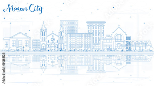 Outline Mason City Iowa Skyline with Blue Buildings and Reflections.