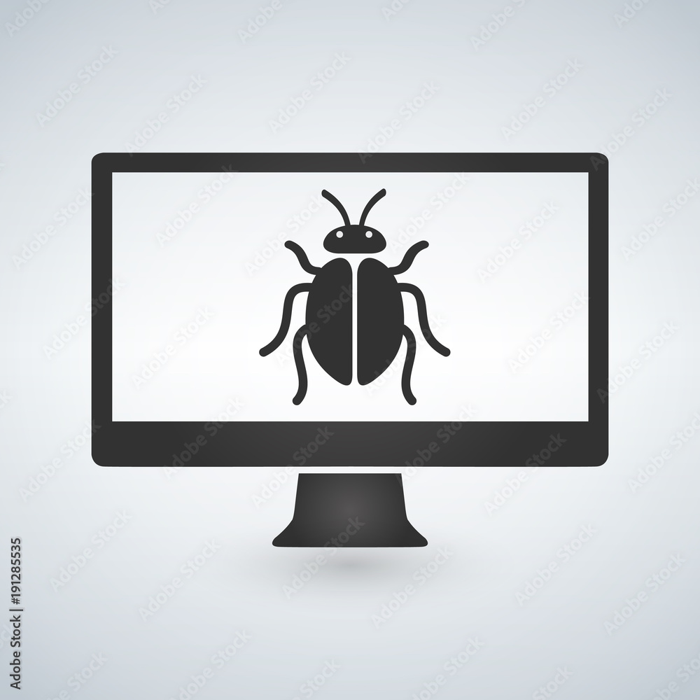 Computer is infected by malware, bug on screen vector illustration. Computer is infected by malware, bug on screen vector illustration.
