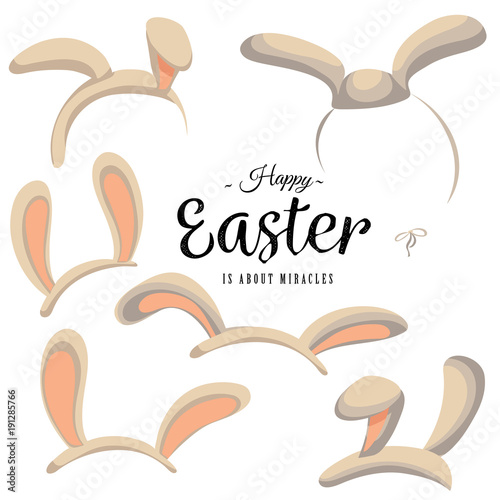 Set of Easter mask with rabbit ears isolated on white with greeting text, bunny pink ear headband vector illustration, spring holiday head costume for fun, paschal decoration