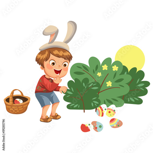 Little boy smile hunting decorative chocolate egg under brush in easter bunny costume with ears and tail, vector illustration, spring holiday fun, isolated on white, paschal basket for eggs hunter