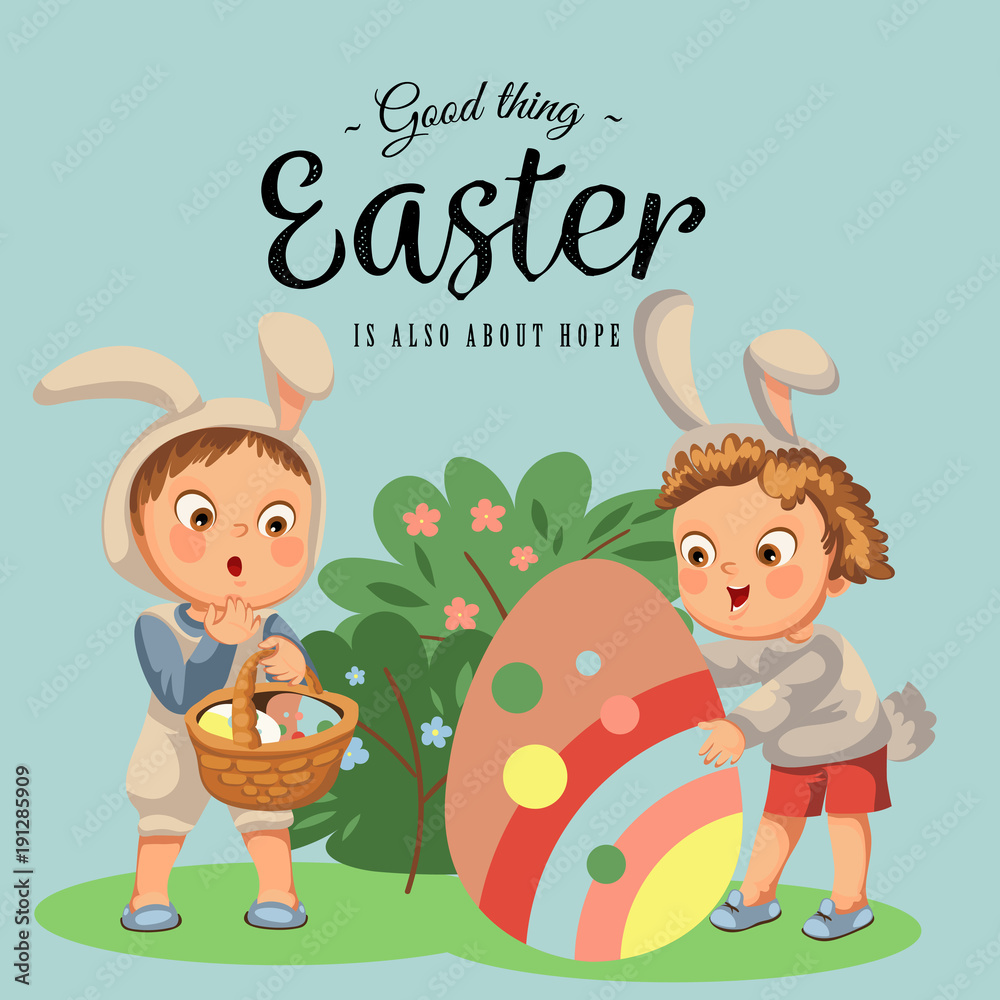 Little girl or boy hunting big decorative chocolate egg in easter bunny  costume with ears and tail, vector illustration, spring holiday fun  isolated on white, baby holding basket for eggs hunter Stock