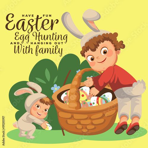 Little boy smile hunting decorative chocolate egg under brush in easter bunny costume with ears and tail, vector illustration, spring holiday fun, isolated on white, paschal basket for eggs hunter