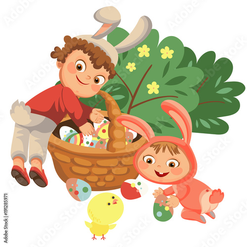 Little boy smile hunting decorative chocolate egg under brush in easter bunny costume with ears and tail, vector illustration, spring holiday fun, isolated on white, paschal basket for eggs hunter