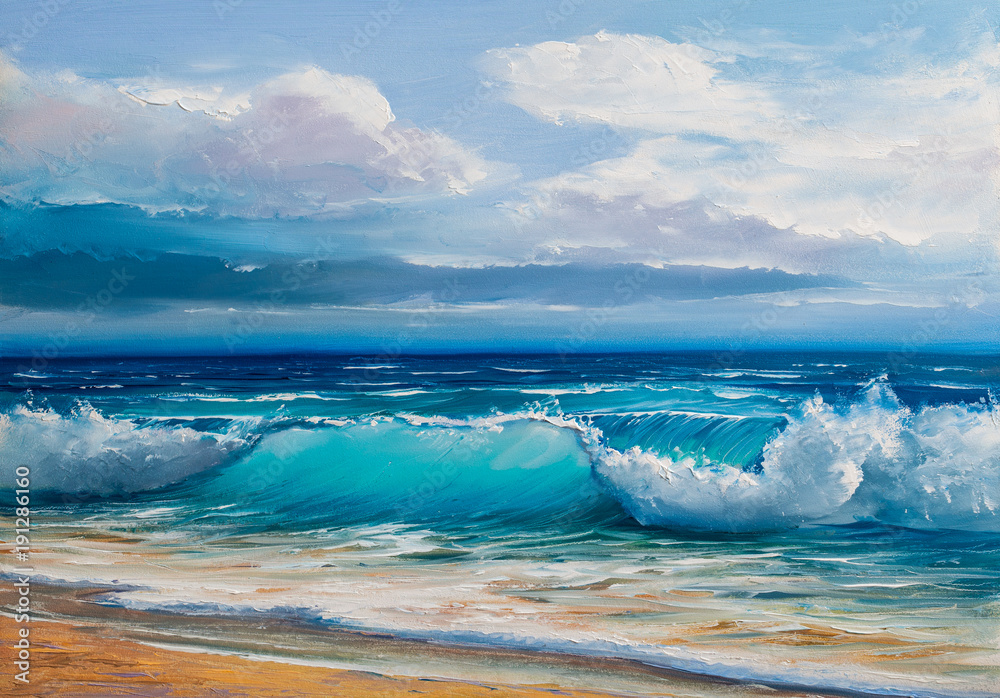 Oil  painting of the sea on canvas. - obrazy, fototapety, plakaty 