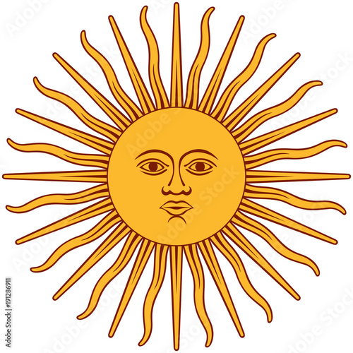 The Inca sun God. Inti sun of may. Argentinian flag. Isolated on white background. Abstract vector illustration