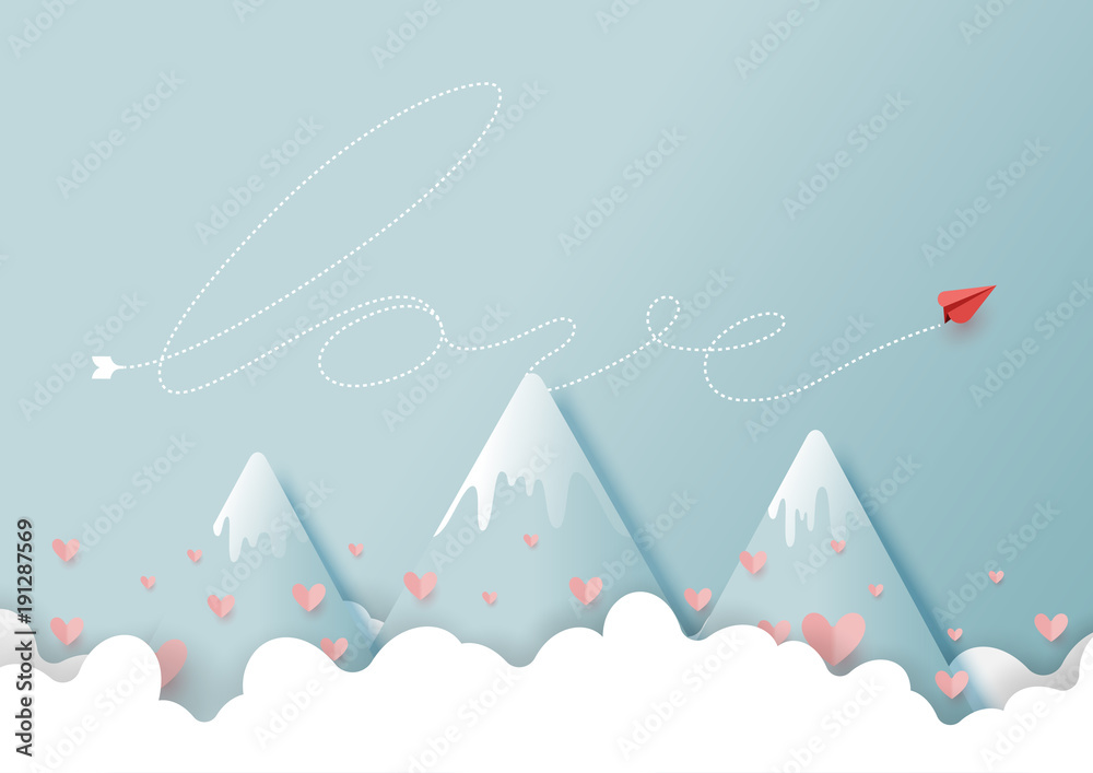 Paper art style of valentine's day greeting card and love concept.Red paper plane flying on clouds and blue sky.Vector illustration.