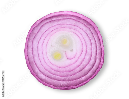 half sliced red onion isolated on white background, flat lay, top view