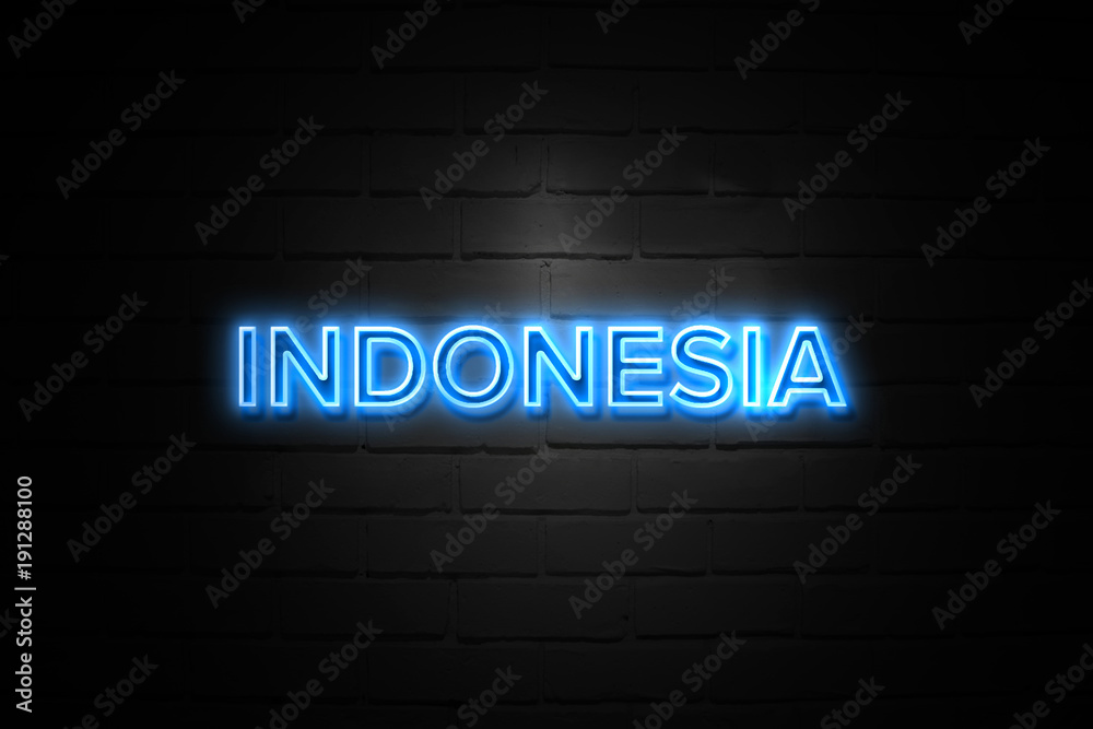 Indonesia neon Sign on brickwall Indonesia neon Sign on brickwall