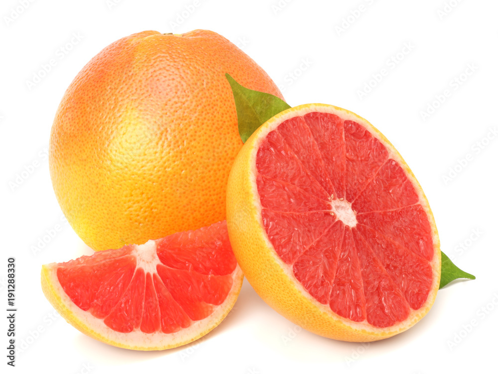 healthy food. grapefruit with green leaf isolated on white background healthy food. grapefruit with green leaf isolated on white background