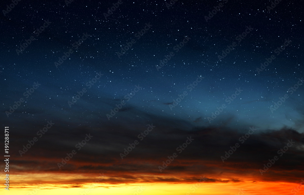 Colorful sky with stars after sunset. Nature background.