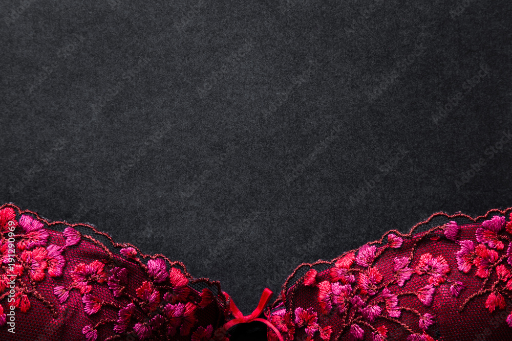 Beautiful, red lace bra on black background. Women sexy underwear