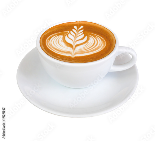 Slika na platnu Hot coffee latte with beautiful milk foam latte art texture isolated on white background, clipping path included