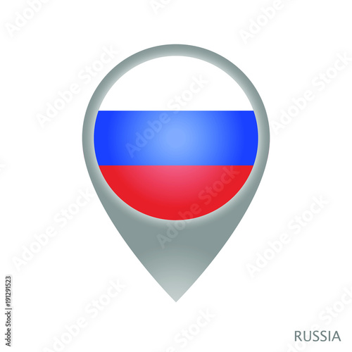 Map pointer with flag of Russia. Gray abstract map icon. Vector Illustration.