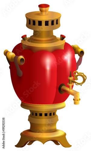 Red samovar traditional Russian kitchenware. Russian retro kettle