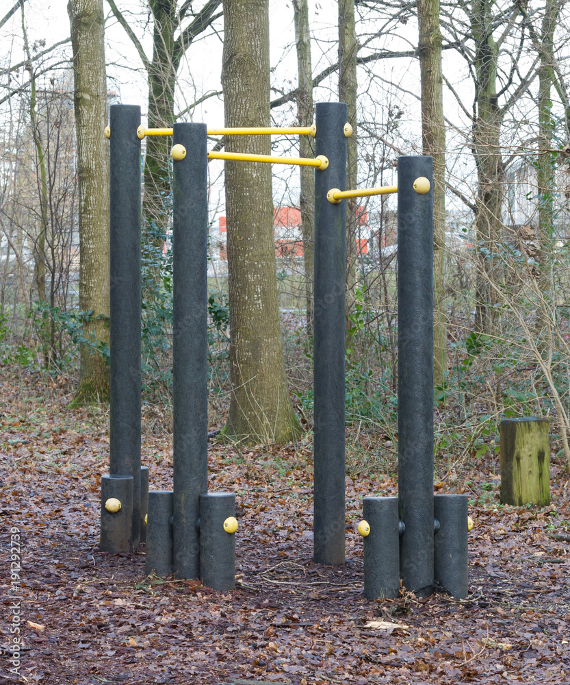 Fototapeta premium Fitness equipment in a forest - One stage of many