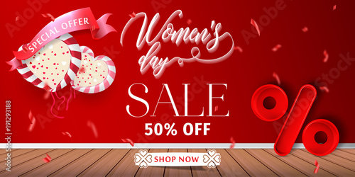 Womens day sale 50% Off banner template for social media advertising, invitation or poster design. Vector illustration. Special offer Background for women's day celebration.