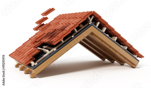 Roof construction detail isolated on white background. 3D illustration