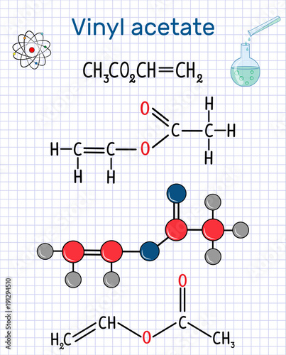 Vinyl acetate molecule. It is the precursor to polyvinyl acetate (PVA) . Sheet of paper in a cage. Structural chemical formula and molecule model