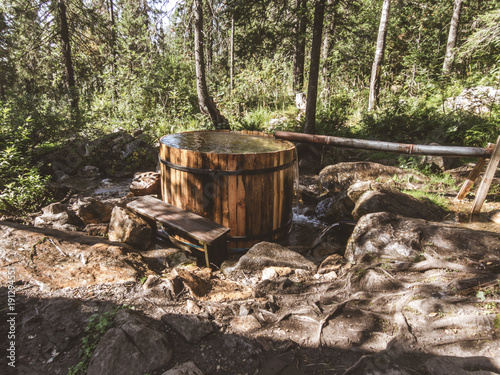Bilde på lerret Wooden cold plunge pool in the forest. Barrel