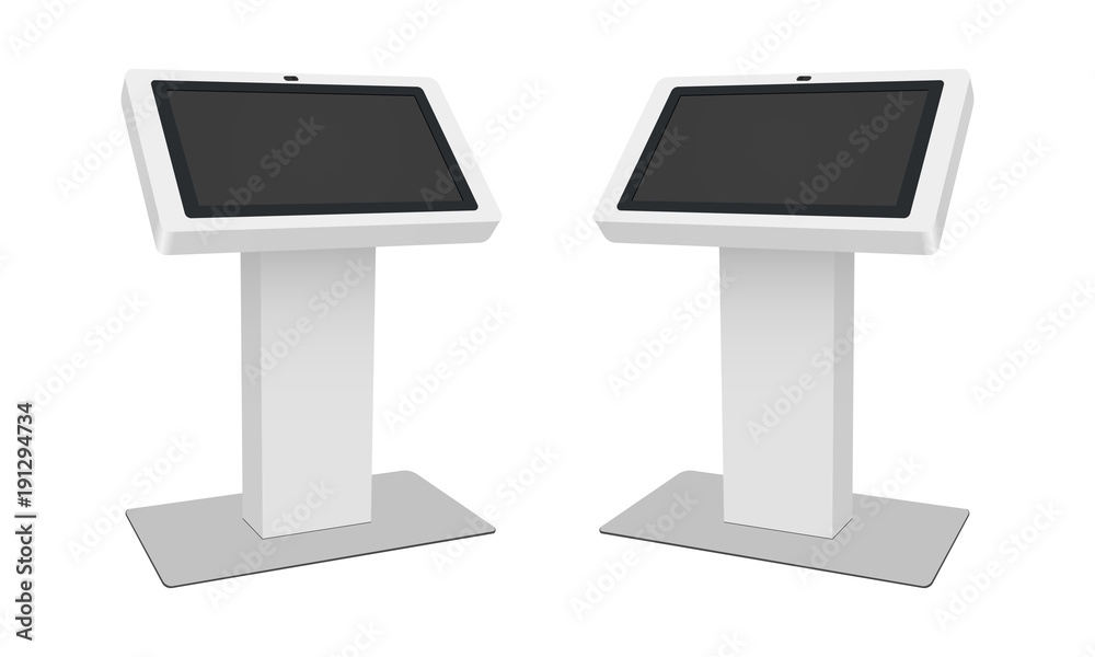 Touch table with blank screen isolated on white background. Modern interactive kiosk - half side view. Vector illustration Touch table with blank screen isolated on white background. Modern interactive kiosk - half side view. Vector illustration