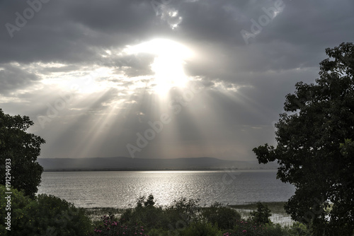 The Beautiful Awassa Lake surrounded by lush vegetation and mountains at a distance in South Addis Ababa Ethiopia