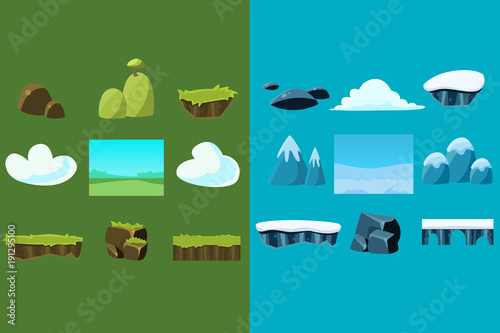 Set of nature materials for mobile arcade game. Blocks with snow and grass, clouds, stones, bridge, mountains, hill with tree. Flat vector design for gaming interface