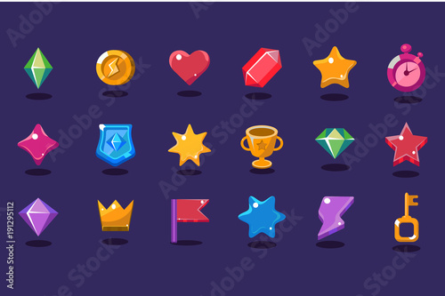 Set of items for gaming interface. Crystal, coin, heart, star, stopwatch, shield, trophy, crown, flag, lightning, key. Flat vector elements for mobile arcade and casual game photo
